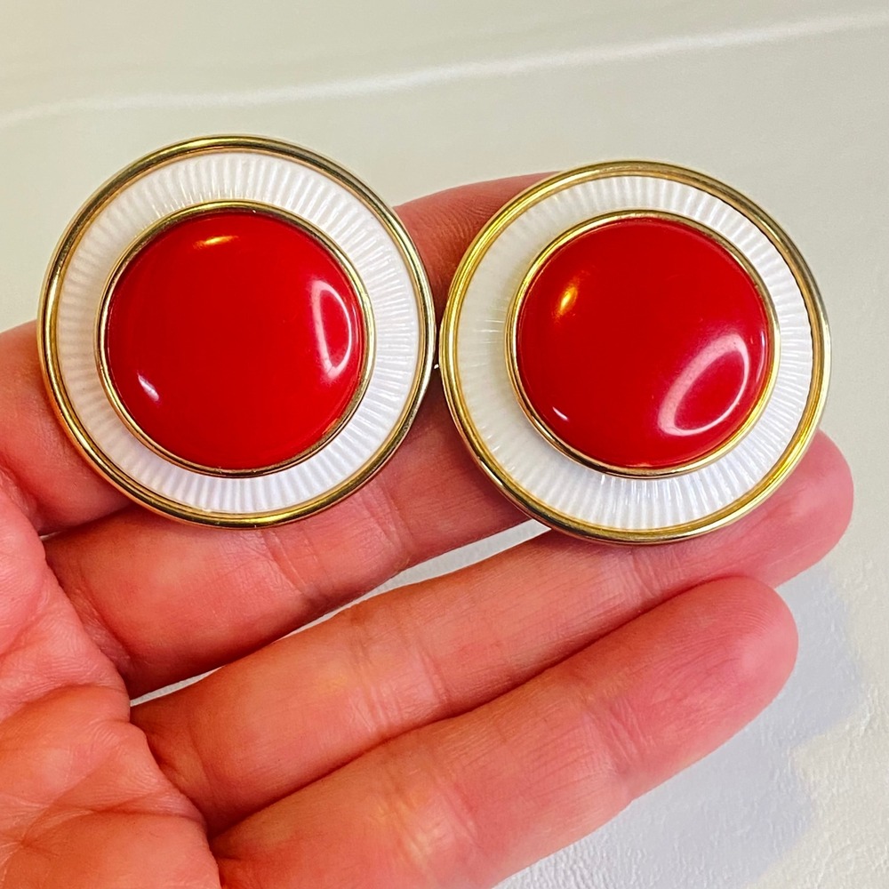 Vintage Red White Clip On Earrings Gold Tone Button Statement Mod Pop Art Retro